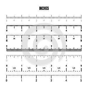 Realistic black inch scale for measuring length or height. Various measurement scales with divisions. Ruler, tape