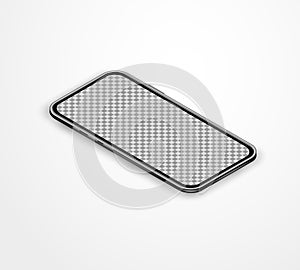 Realistic black isometric smartphone with blank touch screen on white table. Moder vector illustration for banner photo