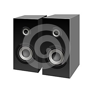 Realistic black loudspeakers perspective view. Vector. Speaker sign.