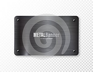 Realistic black metal banners collection. Brushed steel or aluminium plate, panel with screws. Polished metal surface