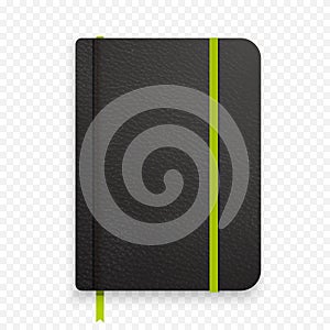 Realistic black notebook with green elastic band. Top view diary template. Closed diary. Vector notepad mockup.