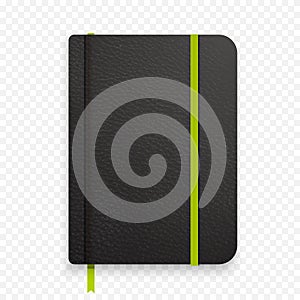 Realistic black notebook with green elastic band. Top view diary template. Closed diary. Vector notepad mockup. photo