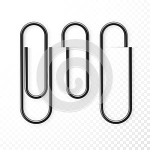 Realistic Black Paper Clip Attachment Set with shadow. Attach file business document. Paperclip icon. Vector illustration isolated