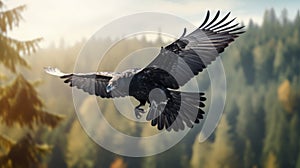 Realistic Black Raven Flying In Forest - Stunning Vray Tracing Image