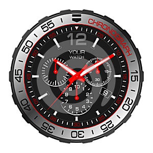 Realistic black red silver clock watch chronograph sport luxury on white background vector