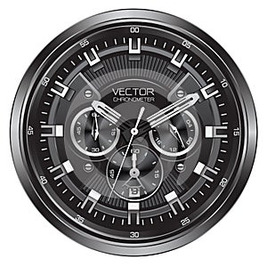 Realistic black silver clock watch face chronograph luxury on white background vector