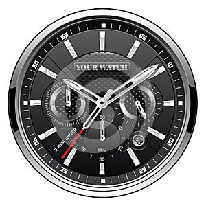 Realistic black silver clock watch face chronograph luxury on white background vector