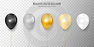 Realistic black, silver, gold, yellow and white balloon vector illustration on transparent background. Decoration