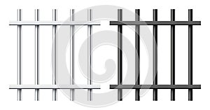 Realistic black and silver metal prison bars isolated on white background. Detailed jail cage, prison iron fence