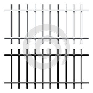 Realistic black and silver metal prison bars isolated on white background. Detailed jail cage, prison iron fence