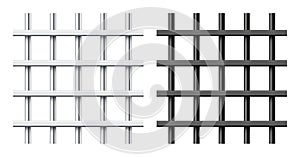 Realistic black and silver metal prison bars isolated on white background. Detailed jail cage, prison iron fence