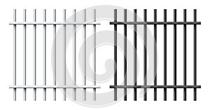 Realistic black and silver metal prison bars isolated on white background. Detailed jail cage, prison iron fence