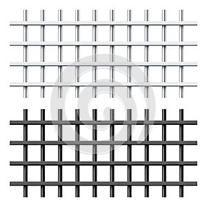 Realistic black and silver metal prison bars isolated on white background. Detailed jail cage, prison iron fence