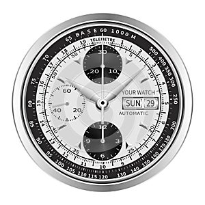 Realistic black silver white clock watch face chronograph luxury isolated background vector