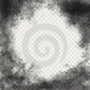 Realistic black smoke clouds around the square frame with copy space inside. Vector dark cloudiness or fog isolated on