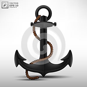 Realistic Black Steel Anchor with brown rope isolated on white background. Vector illustration