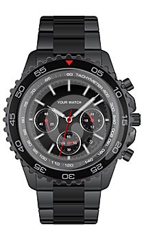 Realistic Black steel clock watch chronograph on white background design for men luxury vecto