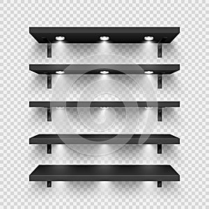 Realistic black store shelves with wall mount and lighting, spotlights. Empty product shelf, grocery wall rack. Mall and