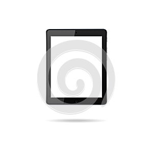 Realistic black tablet with blank touchscreen isolated on white background. Modern PC device. Vertical mockup gadget. Smart