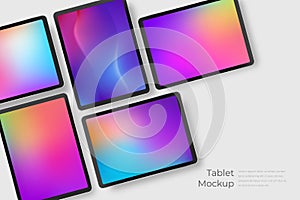 Realistic black tablets with colourful screens. Illustration of device with touchscreen display