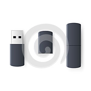 Realistic black usb flash drive. Electronic blank gadget isolated on white background. Open and closed version