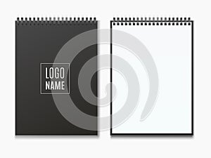 Realistic black vertical open and closed realistic spiral notepad mockup.