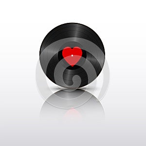 Realistic Black Vinyl Record with red heart label and mirror reflection. Retro Sound Carrier isolated on white background