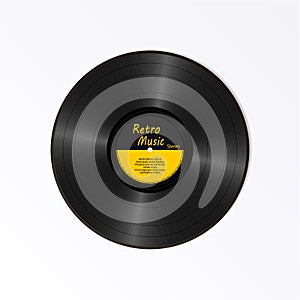 Realistic Black Vinyl Record. Retro Sound Carrier. New gramophone yellow label LP record with text. Musical long play album disc