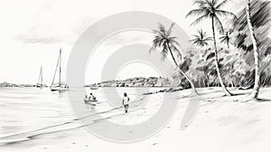 Realistic Black And White Beach Drawing With Palm Tree
