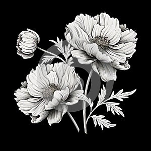 Realistic Black And White Flower Illustration On Black Background photo
