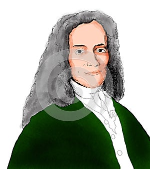 Realistic black and white illustration of the French philosopher Voltaire