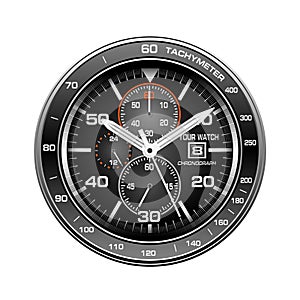 Realistic black white orange clock watch face chronograph luxury isolated background vector