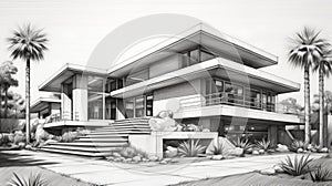 Realistic Black And White Pencil Drawing Of A Modern House