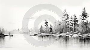 Realistic Black And White Sketch: Fog River And Pine Trees