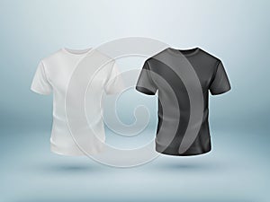 Realistic Black and white t-shirt set on blue background. Vector mockup.