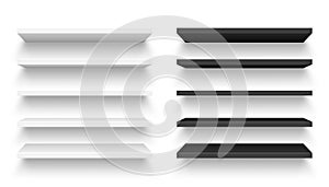 Realistic black and white wall shelf collection on checkered background. Empty store rack. Vector illustration.