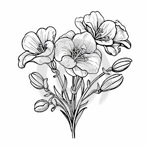 Realistic Blackline Drawing Of Detailed Monochrome Flowers