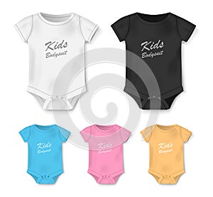 Realistic blank baby bodysuit template isolated. White, black, pink, blue bodysuit, baby shirt mockup. Set of clothes