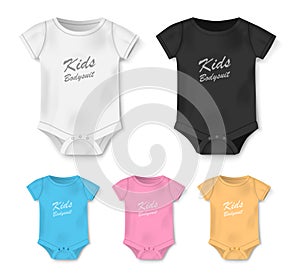 Realistic blank baby bodysuit template isolated. White, black, pink, blue bodysuit, baby shirt mockup. Set of clothes photo