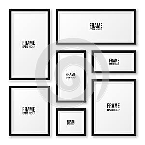 Realistic blank black picture frame with shadow collection isolated on white background. Modern poster mockup. Empty