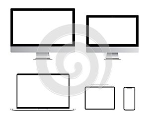 Realistic blank Computer monitor, smartphone, laptop and tablet pc screen design. Mobile phone smart digital device set collection