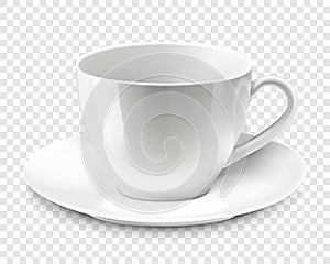 Realistic blank empty cup for coffee tea. 3d illustration of a high detail of a white mug on a saucer