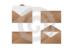 Realistic blank envelope set. Open closed vintage paper letter mockups isolated on white background. Vector illustration