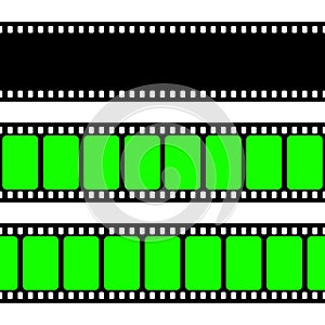 Realistic blank film strip, camera roll. Old retro cinema movie strip with green chroma key background. Analog video