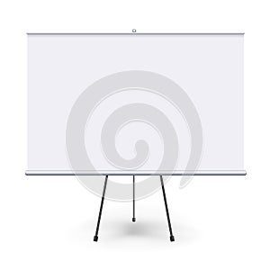 Realistic blank flipchart with three legs isolated on white clean background. White horizontal roll up banner for