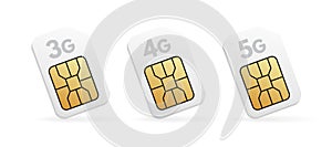 Realistic blank 3G, 4G, 5G Sim card types. Set of phone cards with various generation wireless technology.
