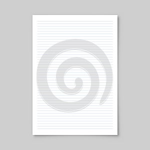 Realistic blank lined paper sheet with shadow in A4 format isolated on gray background. Notebook or book page. Design