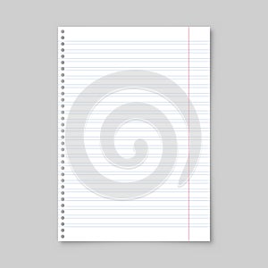 Realistic blank lined paper sheet with shadow in A4 format isolated on gray background. Notebook or book page. Design