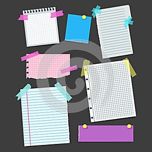 Realistic Blank Note Color Paper with Color Sticky Tape Set. Vector