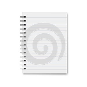 Realistic blank open notebook a6 with spiral, stationery notepad or diary template for office with lines. photo